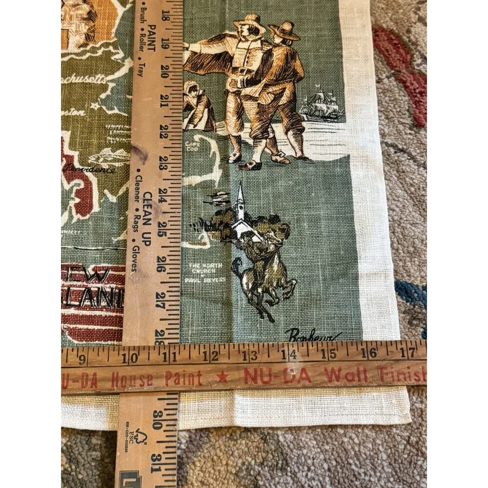 Vintage Linen Tea Towel Kay Dee 100% Linen New England Map States Rhode Island